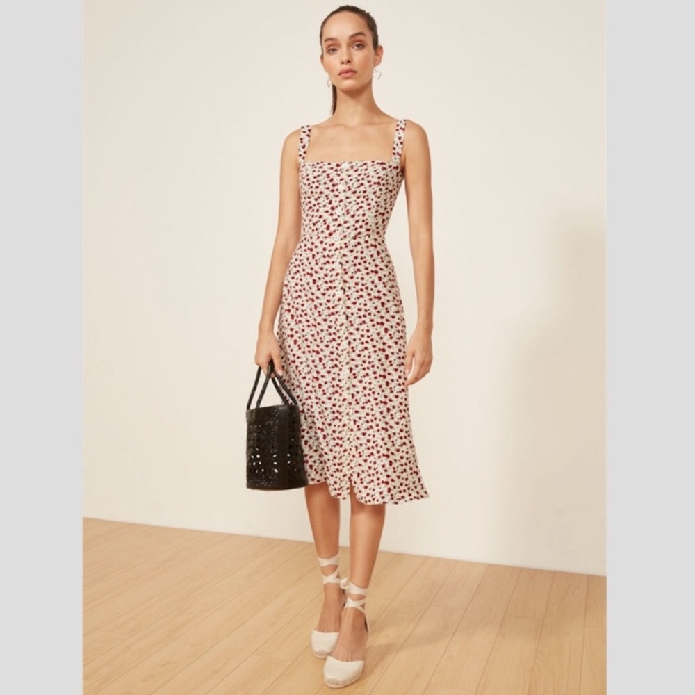 Reformation Cream Midi Dress with Red Floral Print